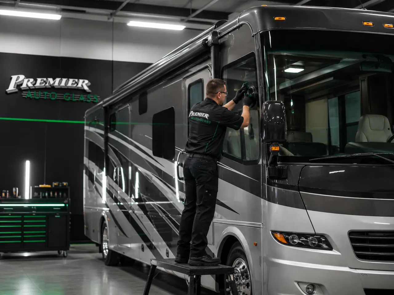 RV glass replacement service in a modern shop